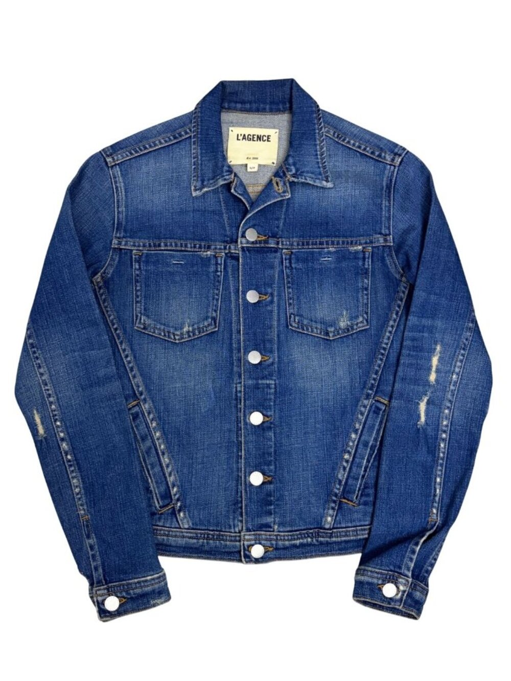 L'AGENCE $600 Jean Jacket Denim Luxury Designer CELINE Cropped Womens Small